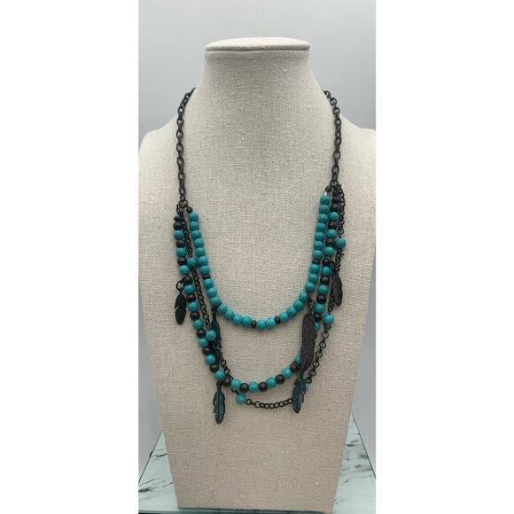 Shyanne Dark Silver Tone Feathers Faux Turquoise Beads Multi Layer Necklace - Picture 6 of 6